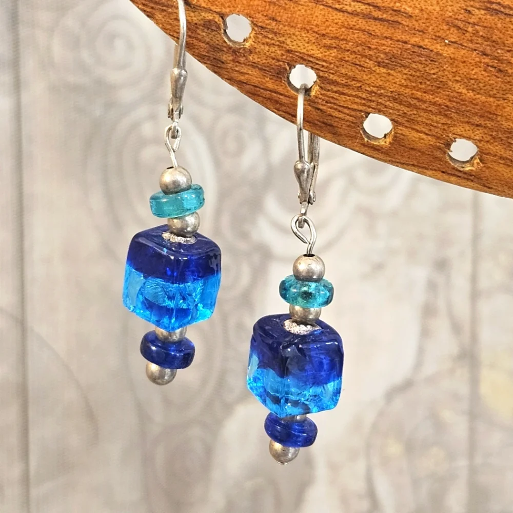 Glass Turquoise & Teal Beads Sterling Silver Dangle Lever Back Earrings